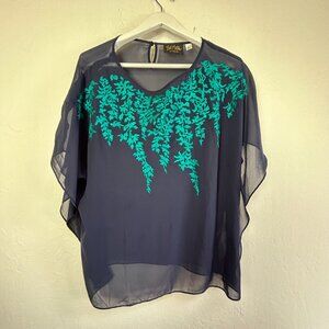 Bob Mackie Wearable Art Womens Chiffon Embroidered Poncho Top Size Large Navy
